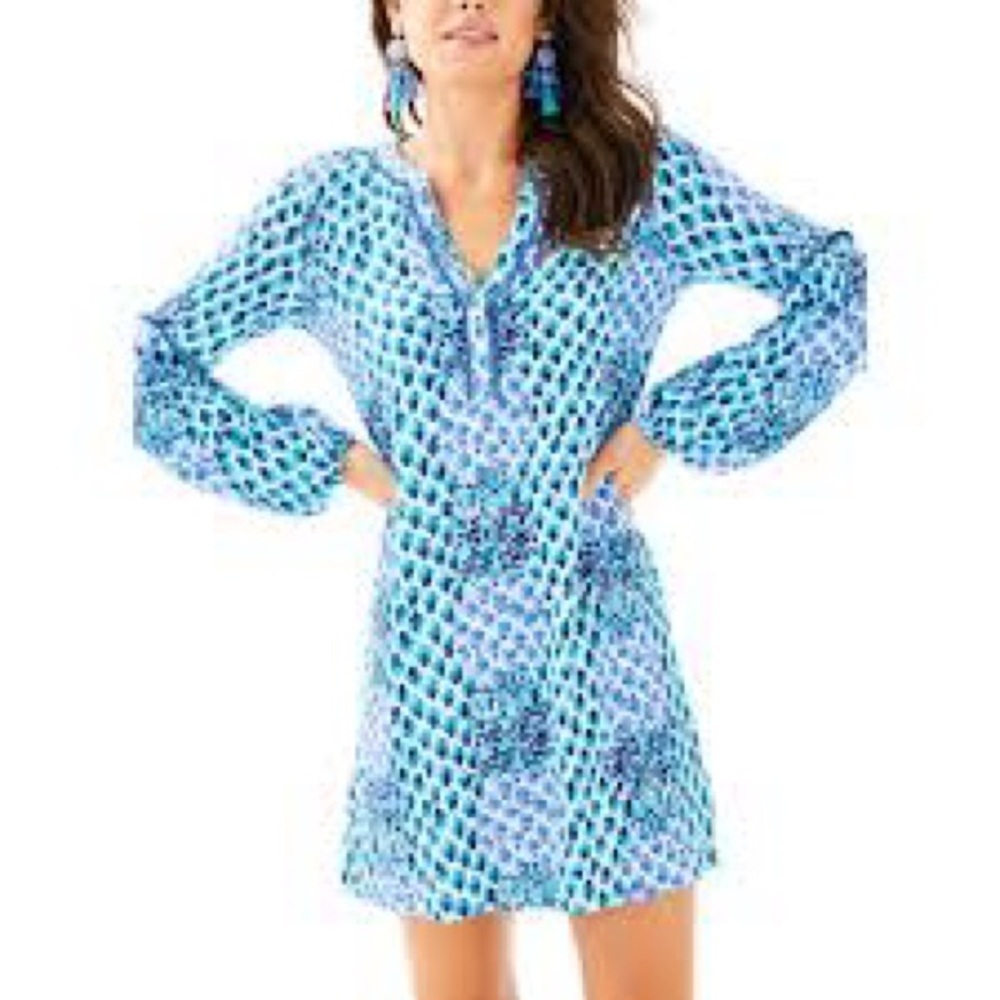 Lilly Pulitzer Joy Tunic Dress SZ Small Blue/White/Teal Pineapple All Over Print - Picture 1 of 11